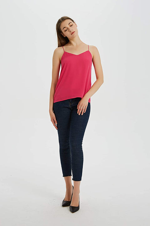 Womens Summer V-Neck Crepe Sleeveless Cami Tank Top Spaghetti Strap with Lining