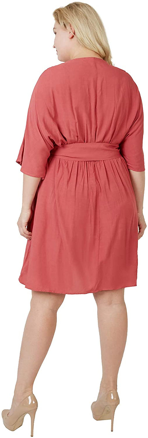 Carrotomato Women's Plus Size Casual Dress V Neck Slit Belt Swing Skirt with Pocket Pink 22