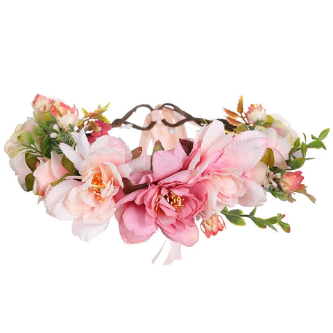 AWAYTR Flower Crown Headband Floral Headpiece Women Girl Bohemia Adjustable Tree Rattan Leaf Flower Garland Hair Wreath (Light Pink+Dark Pink)