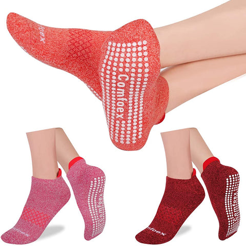 Non Slip Yoga Socks Women 3 Pairs Cushioned Sole Grip Socks for Pilates, Barre