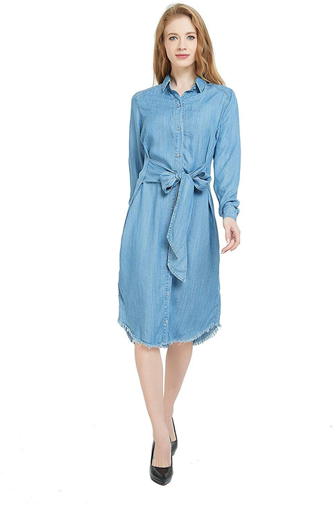 Womens Distressed Long Sleeve V Neck Button Down Denim Shirt Dress with Belt
