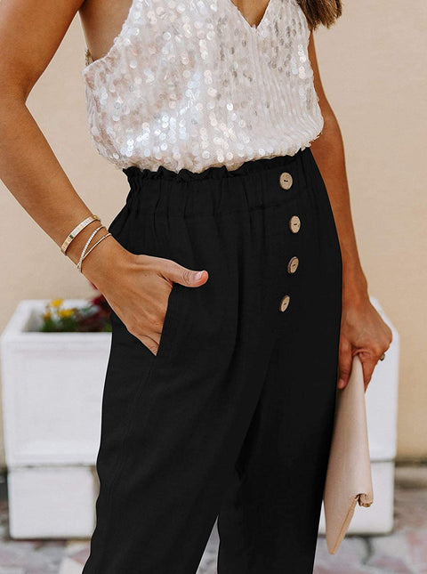 Pants for Women Summer Elastic High Waisted Pants Dress Pants Work Pants Paper Bag Pants with Pockets Black Medium