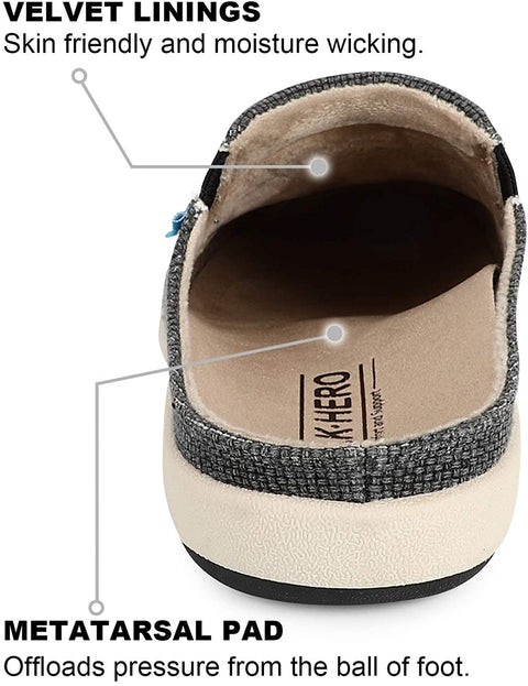 Womens Slippers with Arch Support - Canvas House Slipper for Women with Velvet Lining, Slip On Clog Mule Shoes Indoor Outdoor with Anti-Skid Rubber Sole