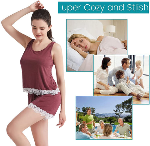 Women Short Pajamas Set Bamboo Viscose Comfortable Sleepwear Sleeveless Tank Top and Shorts 2 Piece