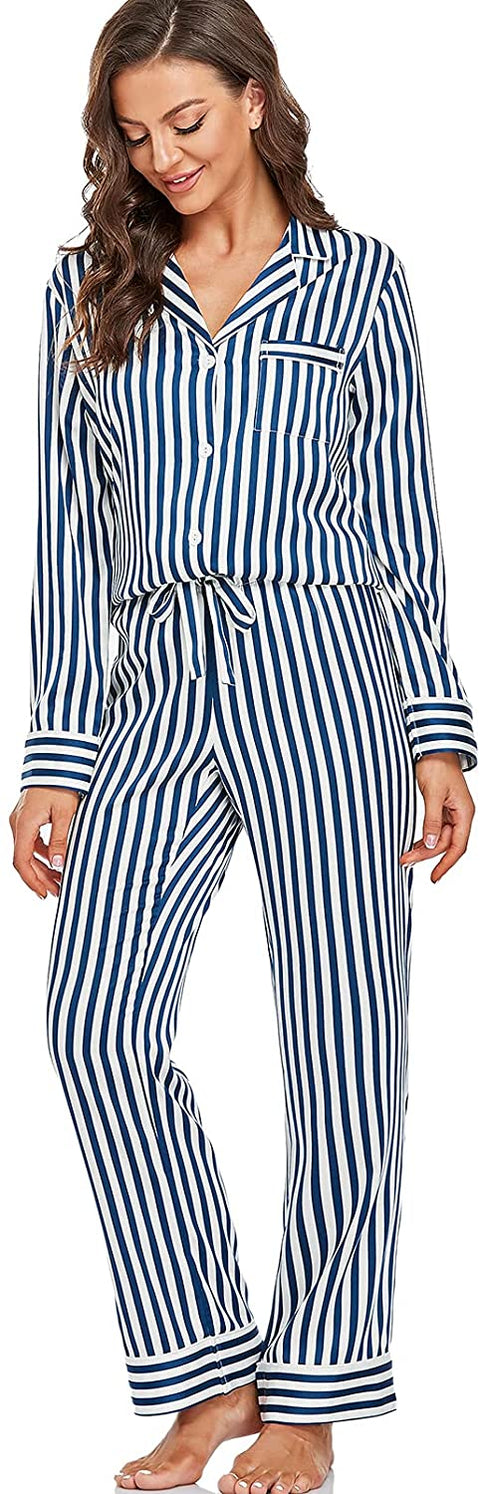 Women's Satin Pajama Set Long Sleeve Button Sleepwear 2-Piece Pj Lounge Set