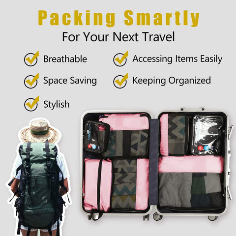 Bagail Set of 14 Pink Packing Cubes for storing your travel items and daily necessities.