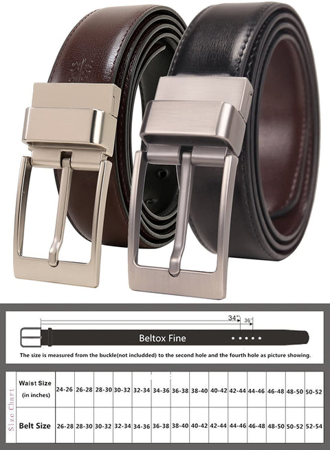 Beltox Fine Men's Dress Belt Leather Reversible 1.25" Wide Rotated Buckle Gift Box (26-28, Silver Rotated Buckle)