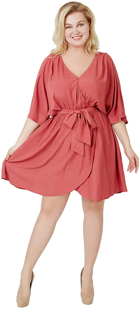 Carrotomato Women's Plus Size Casual Dress V Neck Slit Belt Swing Skirt with Pocket Pink 22