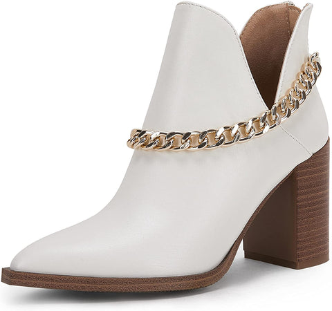 Womens V Cut Out Ankle Boots Chunky Block Back Zipper Booties Pointed Toe Comfortable Shoes with Metal Chain