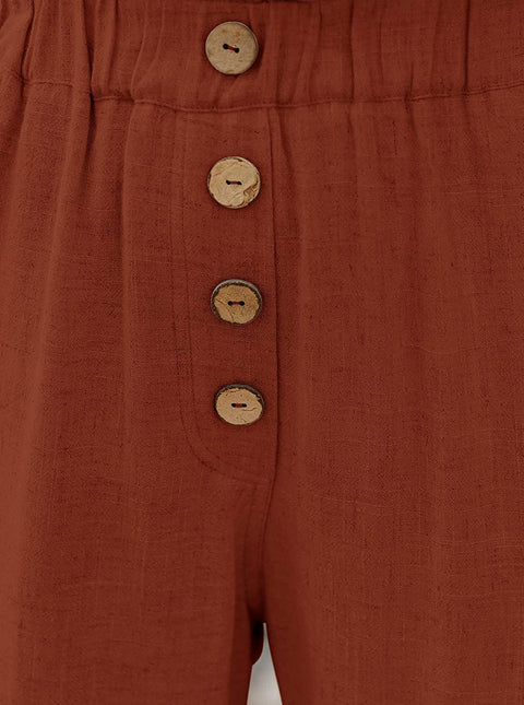 High Waisted Pants for Women Summer Beach Pants Cotton Linen Like Pull On Pants Ladies Paper Bag Pants Work Pants with Pockets Rust Red Medium