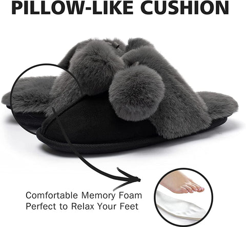 Katliu Women's Fluffy Slippers Warm Faux Fur Memory Foam Slippers Non Slip House Slippers