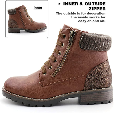 Women Lace up Ankle Booties Side Zipper Combat Boots