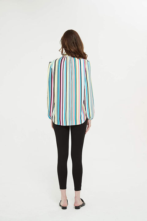 Womens V Neck with Straps Crepe Long Sleeves Blouse Stripe Shirt