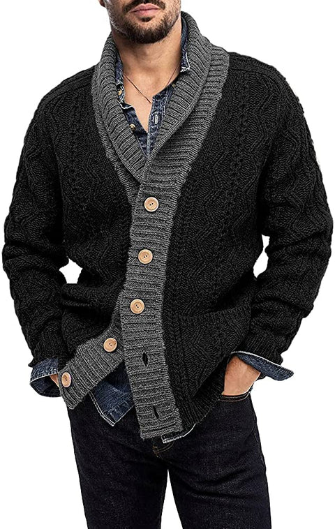 Yasiter Mens Shawl Collar Cable Knit Cardigan Sweater Button Loose Fit Long Sleeve Sweaters with Pockets