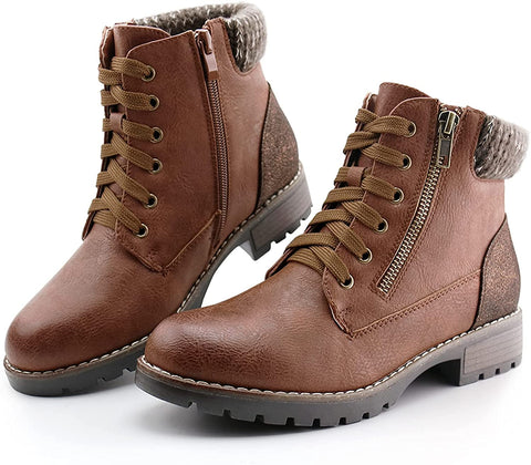 Women Lace up Ankle Booties Side Zipper Combat Boots