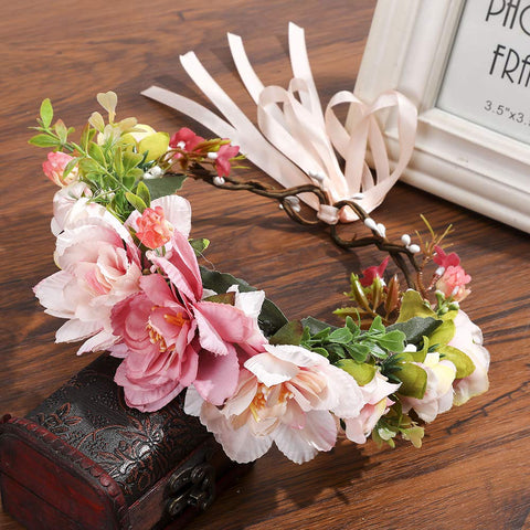 AWAYTR Flower Crown Headband Floral Headpiece Women Girl Bohemia Adjustable Tree Rattan Leaf Flower Garland Hair Wreath (Light Pink+Dark Pink)