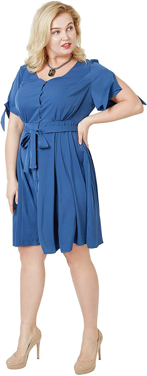 Carrotomato Women's Plus Size V-Neck Dress Ruffled Button Front Opening Swinging Flared Casual Dress Belt