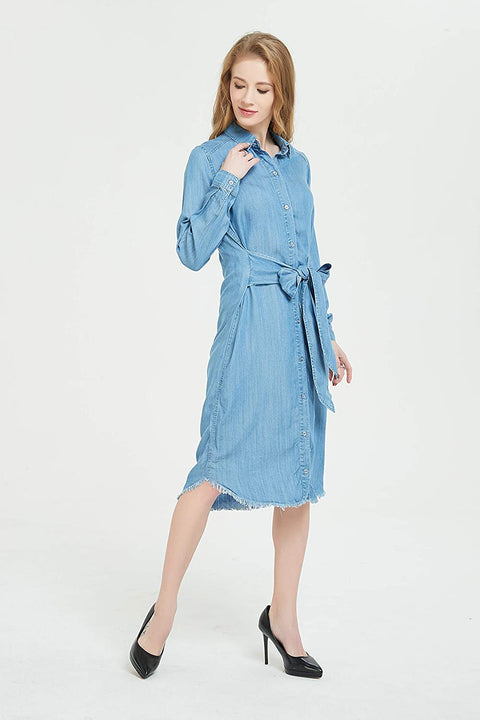 Womens Distressed Long Sleeve V Neck Button Down Denim Shirt Dress with Belt