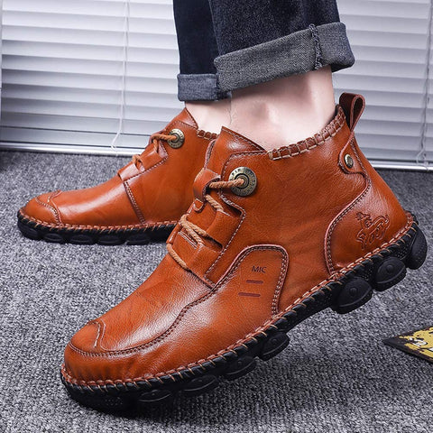 Mens British Boots Ankle Length Leather Motorcycle Boots Zipper or Lace-Up