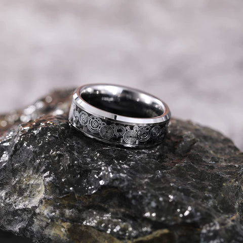TRUMIUM 8mm Tungsten Rings for Men Women Wedding Bands Blue Carbon Fiber Steampunk Gear Inlay Ring Comfort Fit Size 6-13