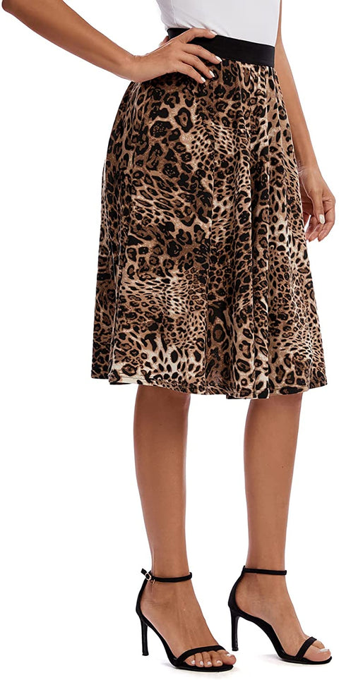 Women's Casual Elastic High Waist Leopard Print Pleated Shirring Midi Skirt