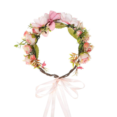 AWAYTR Flower Crown Headband Floral Headpiece Women Girl Bohemia Adjustable Tree Rattan Leaf Flower Garland Hair Wreath (Light Pink+Dark Pink)