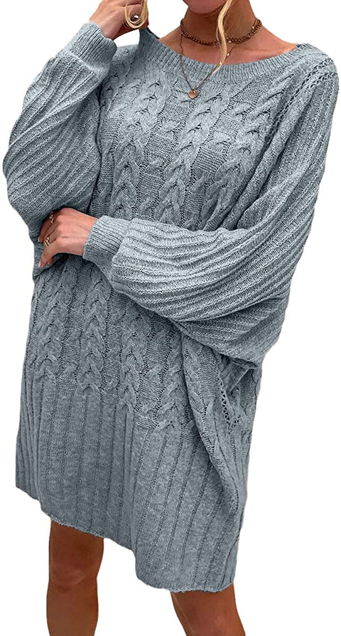 Women's Fashion Bat Long Sleeves Sweater Dress Hollow Cable Knitted Loose Pullover Autumn Dresses