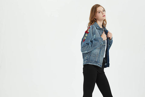 Womens Oversize Distressed Ripped Denim Washed Jacket with Applique Embroidery