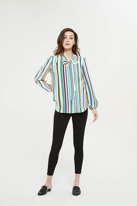 Womens V Neck with Straps Crepe Long Sleeves Blouse Stripe Shirt