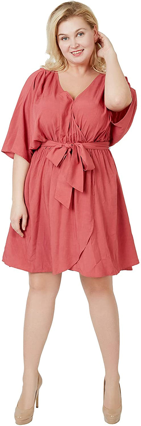 Carrotomato Women's Plus Size Casual Dress V Neck Slit Belt Swing Skirt with Pocket Pink 22