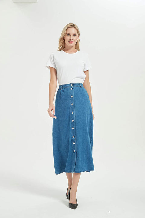 Womens A Line Long Midi Denim Skirt with Button Front