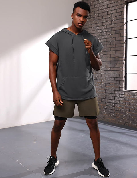 iWoo Men's Workout Hooded Tank Tops Bodybuilding Muscle Shirts Short Sleeve Gym Hoodie for Men