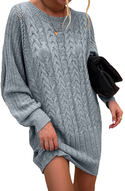 Women's Fashion Bat Long Sleeves Sweater Dress Hollow Cable Knitted Loose Pullover Autumn Dresses
