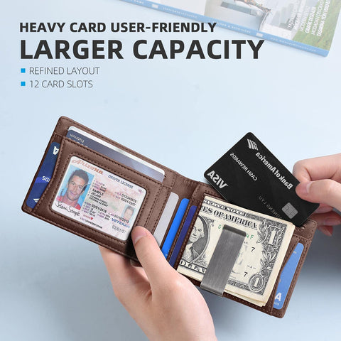 Zitahli Mens Slim Wallet Larger Capacity with 12 Slots RFID Blocking Minimalist Bifold Front Pocket Wallet for Men with ID Window Gift Box