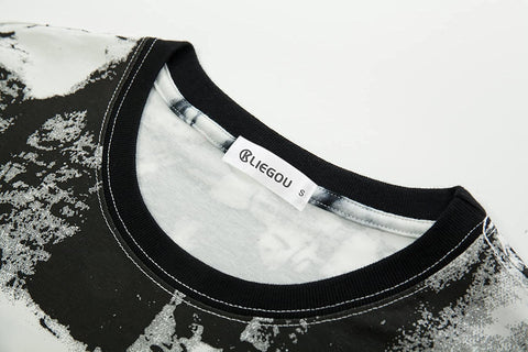 KLIEGOU Mens Hipster Hip Hop Ripped Round Hemline Pattern Print T Shirt