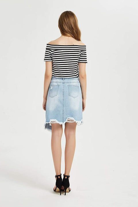 Womens Denim Ripped Distressed Midi Skirt Slant Fly Frayed Hem