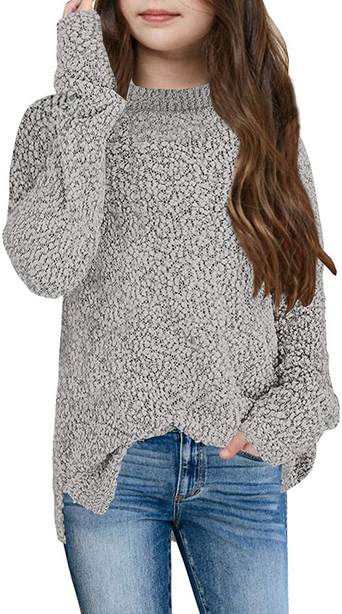 GAMISOTE Girl's Fuzzy Warm Sweater Crew Neck Chunky Side Slit Jumper Pullover Outwear