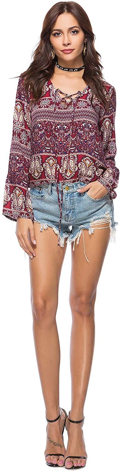 Womens Casual V Neck Viscose Paisley Print Tunics Top Shirt Blouse Tie on The Front
