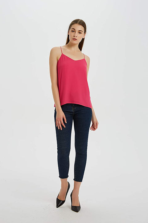 Womens Summer V-Neck Crepe Sleeveless Cami Tank Top Spaghetti Strap with Lining