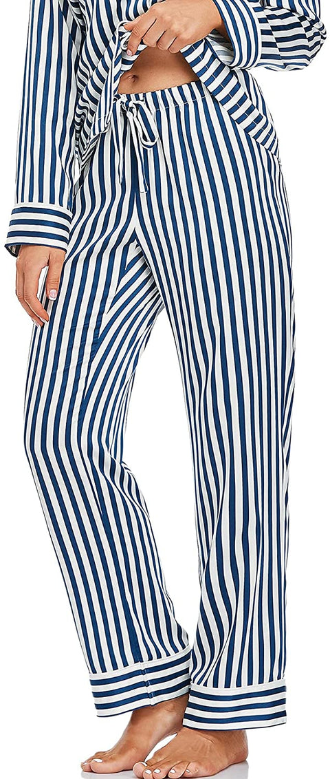 Women's Satin Pajama Set Long Sleeve Button Sleepwear 2-Piece Pj Lounge Set