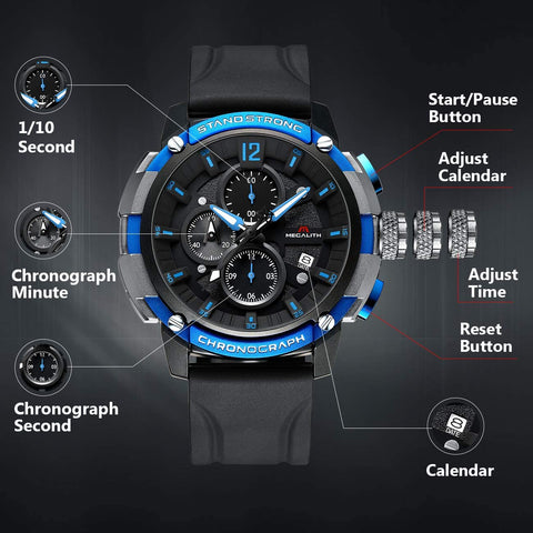 MEGALITH Men's Watch 50mm Rubber Chronograph Waterproof Large Face Watch Silicone Military Sport Analog Heavy Duty Watches for Men Luminous Multifunctional Cool Designer Gents Wrist Watches