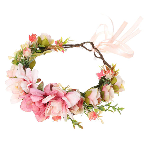 AWAYTR Flower Crown Headband Floral Headpiece Women Girl Bohemia Adjustable Tree Rattan Leaf Flower Garland Hair Wreath (Light Pink+Dark Pink)