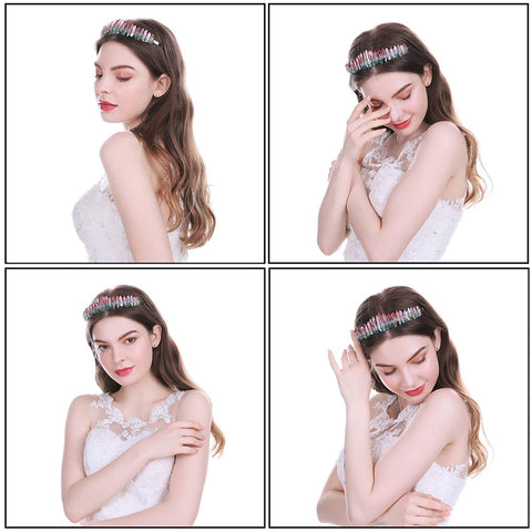 AWAYTR Raw Crystal Quartz Crown – Rhinestone Tiara Mermaid Headband for Woman Weeding and Partie(white)