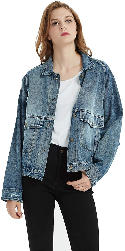 Womens Oversize Distressed Ripped Denim Washed Jacket with Applique Embroidery