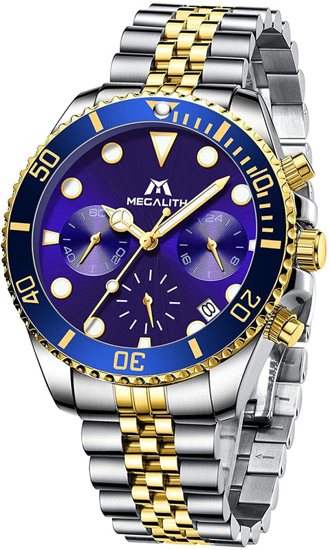 MEGALITH Men's Watch 41mm Stainless Steel Chronograph Waterproof Business Watch Analog Quartz Date Watches for Men Metal Luminous Multifunctional Casual Designer Gents Wrist Watches