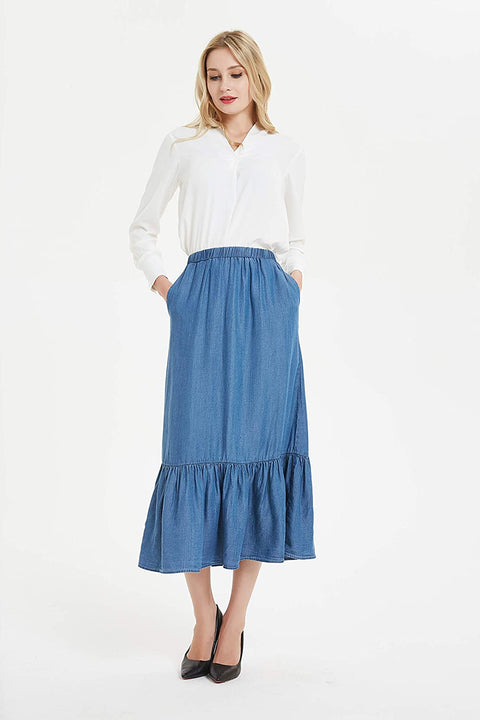 Womens Tencel Denim Long Midi Skirt Pleated Hem