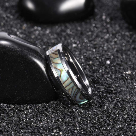 6mm 8mm Tungsten Ring Abalone Inlay Natural Silver Wedding Band for Men Women Comfort Fit Size 4-15