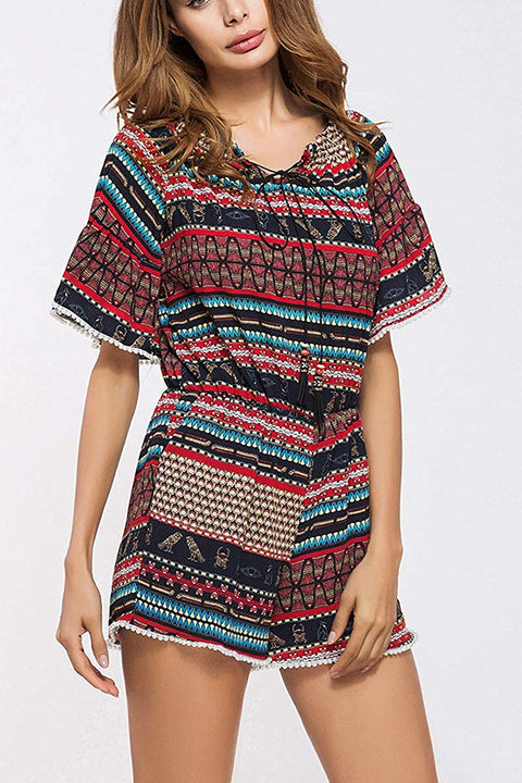 Women's Summer Casual Lotus Leaf Sleeve Printed Sweet One Piece Jumpsuit Shorts