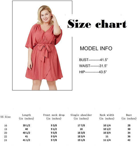 Carrotomato Women's Plus Size Casual Dress V Neck Slit Belt Swing Skirt with Pocket Pink 22