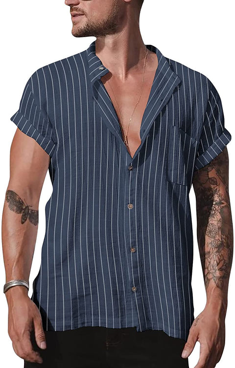 Men's Casual Mandarin Collar Shirts Button Down Vertical Stripes Short Sleeve Tops Shirt with Chest Pocket